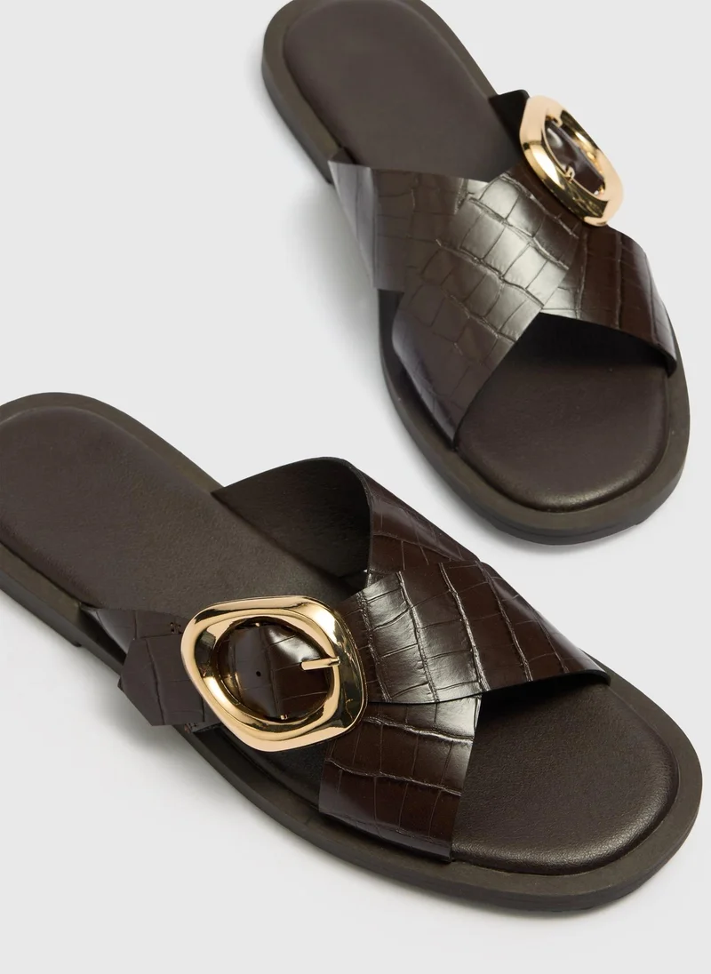 ماتلان Chocolate Brown Cross Strap Buckle Sliders